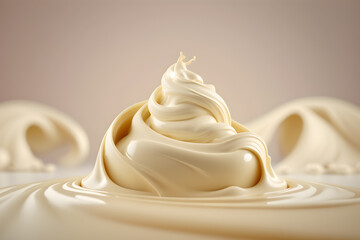 Close up of a creamy whipped cream swirl with copy space. Generative AI technology. 