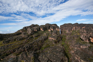 Fototapeta na wymiar Steep sandstone cliffs on the plateau of Auyan tepui, a famous table mountain in Venezuela
