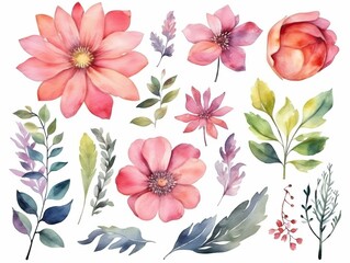 Watercolour floral of set. Watercolor Flower leaves collection - for bouquets, wreaths, wedding invitations, anniversary, birthday, postcards, greetings. generative ai