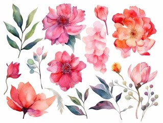 Watercolour floral of set. Watercolor Flower leaves collection - for bouquets, wreaths, wedding invitations, anniversary, birthday, postcards, greetings. generative ai