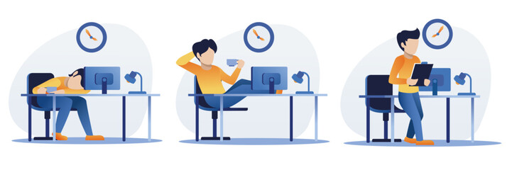 Working day in office. Man fell asleep in front of computer with cup of coffee in his hand. Guy relax with coffee on work place. character goes to meeting. Vector illustration