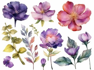 Watercolour floral of set. Watercolor Flower leaves collection - for bouquets, wreaths, wedding invitations, anniversary, birthday, postcards, greetings. generative ai