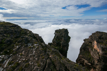 Steep and eroded black sandstone pillars on the edge of Auyan tepui, Venezuela