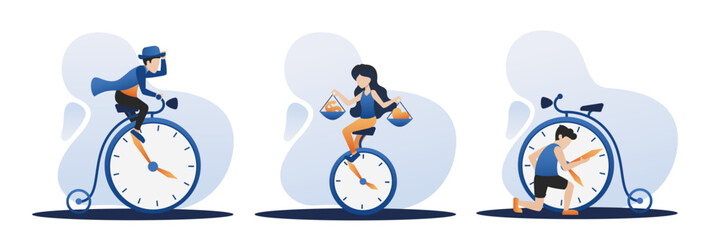 People rides time bike. Time management and deadline concept. Characters manage clock bicycles. Woman on bike balance between money and love. Man fix clock. Vector illustration
