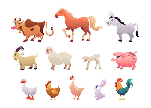Farm Animals Isolated on a White Background. Cute Cartoon Animals Collection: Cow, Horse, Donkey, Goat, Sheep, Lamb, Pig, Duck, Chicken, Goose, Rooster, Rabbit. Vector Illustration.