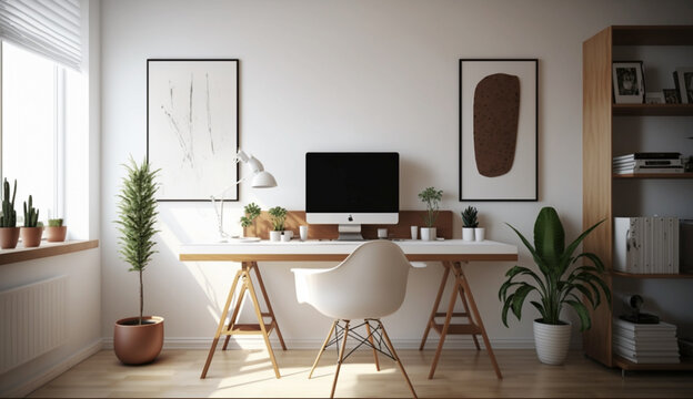 Minimalist workspace interior design with white and wood style. Generative Ai.