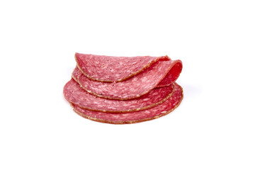 Salami smoked sausage, Traditional dry-cured Milano salami, isolated on white background. High resolution image.