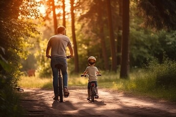 Young father with his little boy riding his bike in the park. Generative AI illustration.