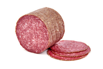 Salami smoked sausage, Traditional dry-cured Milano salami, isolated on white background. High resolution image.