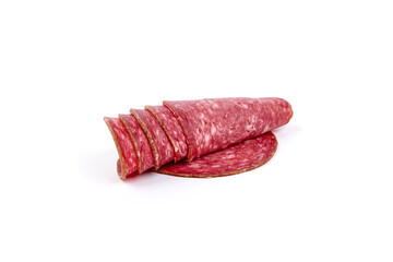 Salami smoked sausage, Traditional dry-cured Milano salami, isolated on white background. High resolution image.