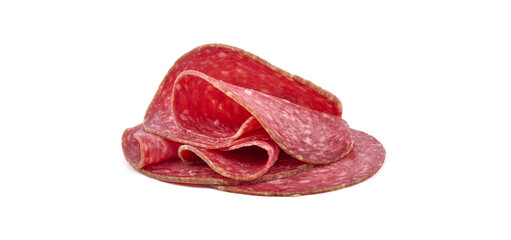 Salami smoked sausage, Traditional dry-cured Milano salami, isolated on white background. High resolution image.