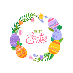 Happy Easter vector illustration. Trendy Easter design with typography, wreath, eggs and spring flowers in soft colors for banner, poster, greeting card.