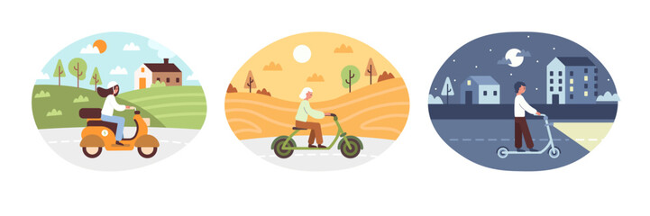 Set of cartoon characters using eco friendly transport. People driving electric vehicles. No toxic gases in city. Modern urban infrastructure. Reducing world energy consumption. Vector