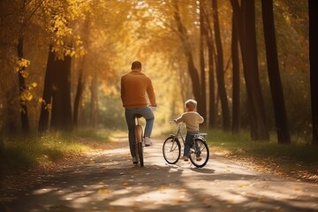 Obraz premium Young father with his little boy riding his bike in the park. Generative AI illustration.