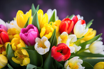 A vibrant flower spring bouquet with red and yellow tulips, a representation the springtime, for the Easter season. Generative AI.