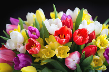 A vibrant bouquet of multi-colored spring flowers against a black background. Generative AI.