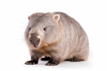 A wombat herbivorous marsupial native to Australia, known for its short legs, round body, and burrowing ability. Have strong teeth for gnawing on tough vegetation. Isolated on white background