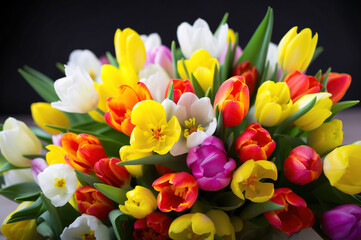 A gorgeous bouquet of fresh spring tulips in pink, red, yellow and white. Perfect for Easter season! Generative AI.