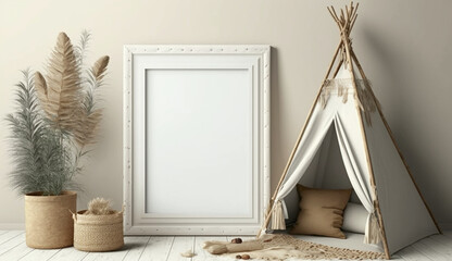 Mockup blank white frame in nomadic boho interior background. Generative Ai.