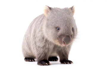 Obraz premium Wombats joey are a protected species in Australia. They are solitary creatures and primarily active during the night. The scientific name for wombats is Vombatus ursinus. Isolated on white background