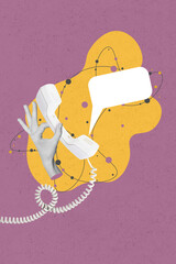 Vertical collage illustration of black white gamma arm fingers hold retro telephone empty space...