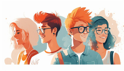 A group of smiling students posing on a light background. Generative AI.