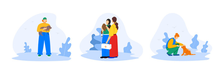 People care about homeless animals concept. Volunteers help the dogs. Veterinarian helping dog. Vector illustration flat cartoon style
