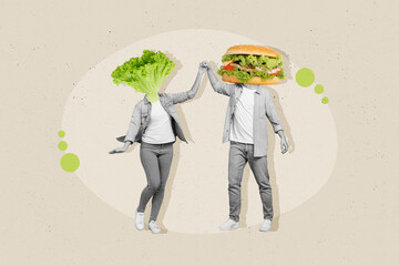 Creative artwork collage image of two black white effect people burger lettuce instead head dancing isolated on painted background