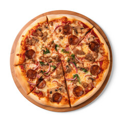 Freshly baked pizza. Isolated collection elements for design. AI generated. Top view, flatlay. Transparent PNG background.