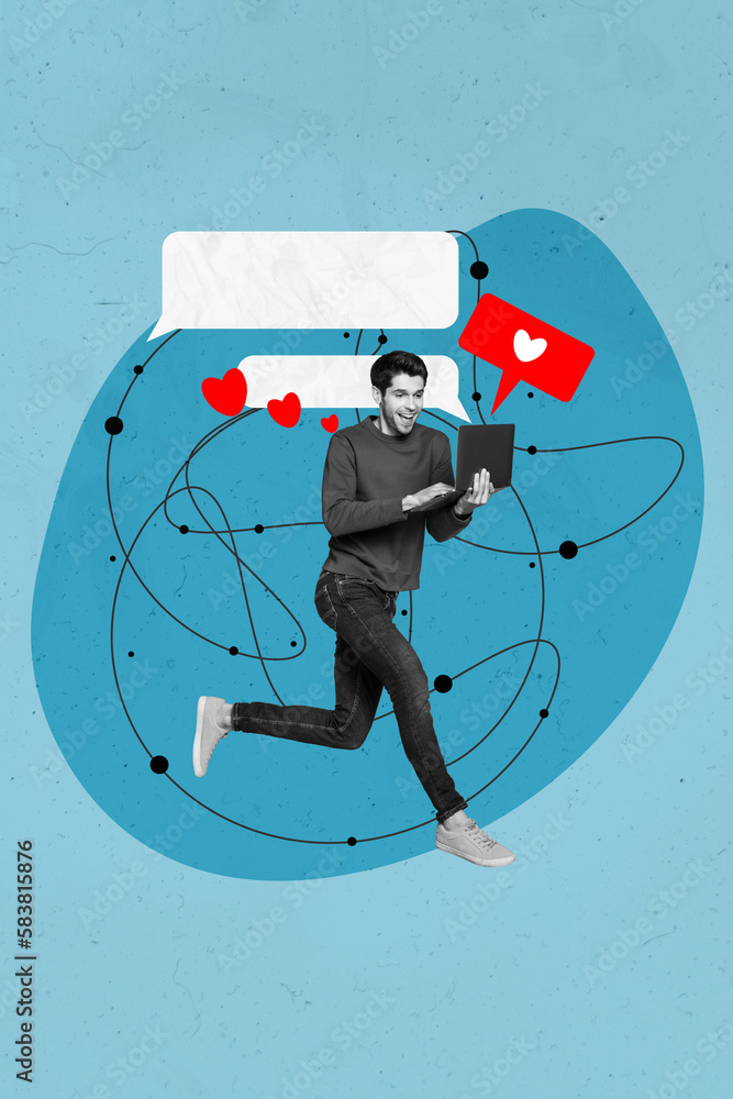 Poster vertical collage picture of excited black white effect guy run use netbook dialogue bubble like noti