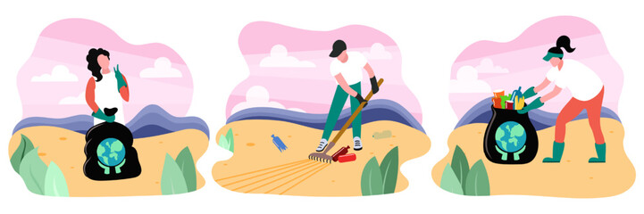 People clean garbage on beach. Characters cleaning toxic waste. Volunteers clean up plastic trach. Save ecology and environment protection concept. Vector illustration