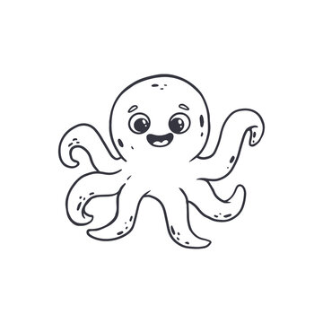 Funny cartoon octopus isolated on white background.Coloring book. Doodle. Black and white illustration.Vector 