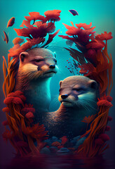 Beautiful geometric Otters concept, abstract  background. Generative AI technology.
