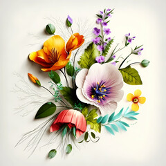 Spring flowers on white paper, lovely flowers and leaves on white background with negative space