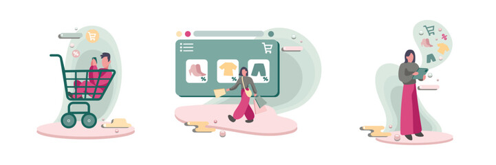 Young people choosing goods when doing online shopping. Digital age. Electronic commerce. Mobile app for making purchases over Internet. Customers on sale. Vector