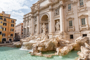 Rome, Italy - September 16, 2021: Panoramic view of Trevi Fountain (Fontana di Trevi) - obrazy, fototapety, plakaty