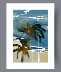 Landscape palm trees summer sea wall art print. Wall artwork for interior design. Printable minimal abstract palm trees poster. Contemporary decorative background with sea.