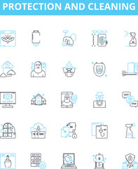 Protection and cleaning vector line icons set. Protection, cleaning, shielding, preserving, guarding, securing, sanitizing illustration outline concept symbols and signs