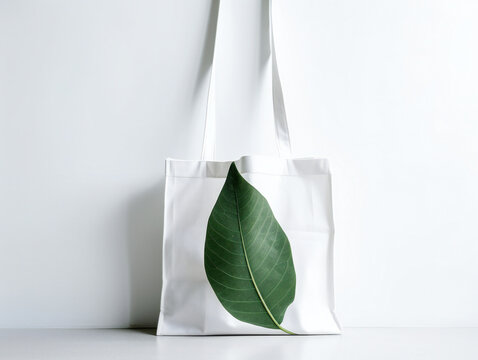 nature-inspired reusable shopping tote, vibrant green leaves, isolated white background, eco-conscious choice, generative AI