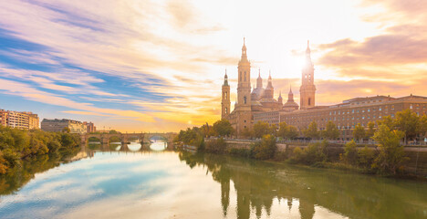 Fototapeta na wymiar Zaragoza, panorama city landscape at sunset- Aragon in Spain