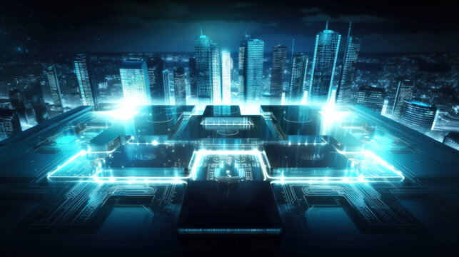 Modern hi-tech, science, futuristic technology concept. Abstract digital high tech city design Background. Generative AI