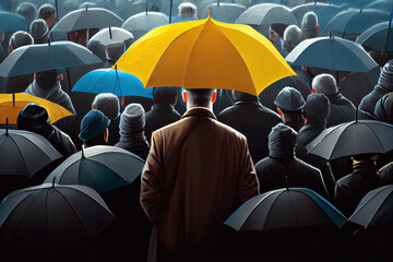 Yellow umbrella in a crowd of black one. Individuality concept. Generative ai