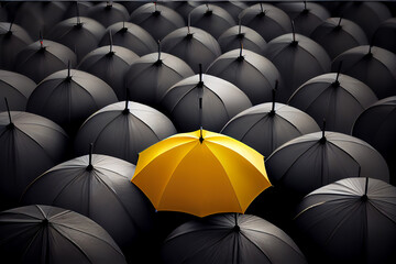 Yellow umbrella in a crowd of black one. Individuality concept. Generative ai - obrazy, fototapety, plakaty
