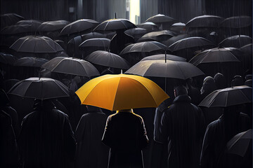 Yellow umbrella in a crowd of black one. Individuality concept. Generative ai