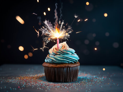 Delicious birthday cupcake with mint cream and sparkles on table, seasonal & holiday, happy birthday celebration concept, on dark background, copy space generative AI