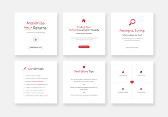 Clean Business Social Media Layouts For Real Estate Agents With Red Accent