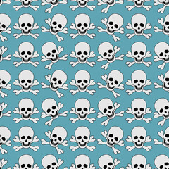 Fototapeta premium White skull and crossbones. Repeating vector pattern. Pirate symbol seamless ornament. Part of the skeleton. Isolated blue background. Jaw with straight teeth. Hollows instead of eyes and nose. 