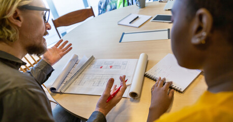 Creative business team man woman meeting conference room, multicultural teamwork acquisition...