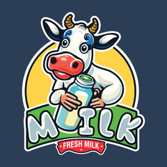 Milky Cow Cartoon logo. Cute Cow with Milk. Cow Logo concept with flat style