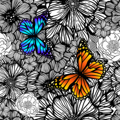 Seamless pattern of flowers from lines with colorful butterflies. Vector illustration. Line art